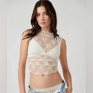 Free People Nice Try Muscle Lace Mock Neck Tank Evening Crème